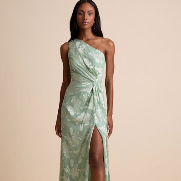 Lulus Renni Sage Green Floral Jacquard One-shoulder Maxi Dress - Size S - Picture 1 of 1